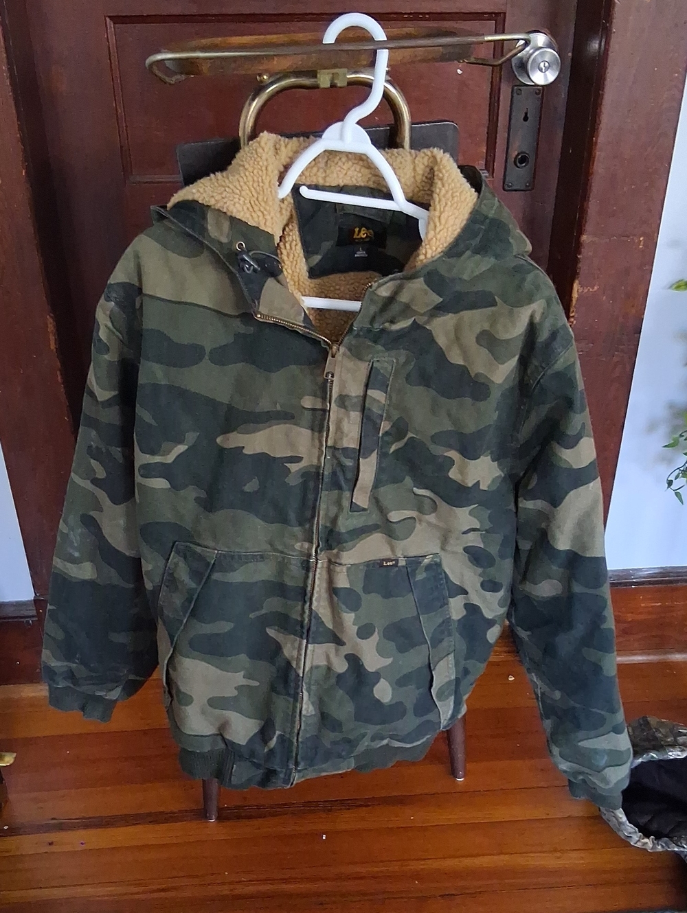 Lee Men's Camo Hooded Jacket with Tan Sherpa Lining